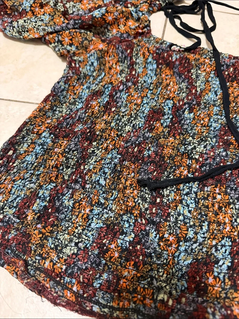 Free People Back On Top Smocked Puff Sleeve Cropped Blouse Black Floral Combo